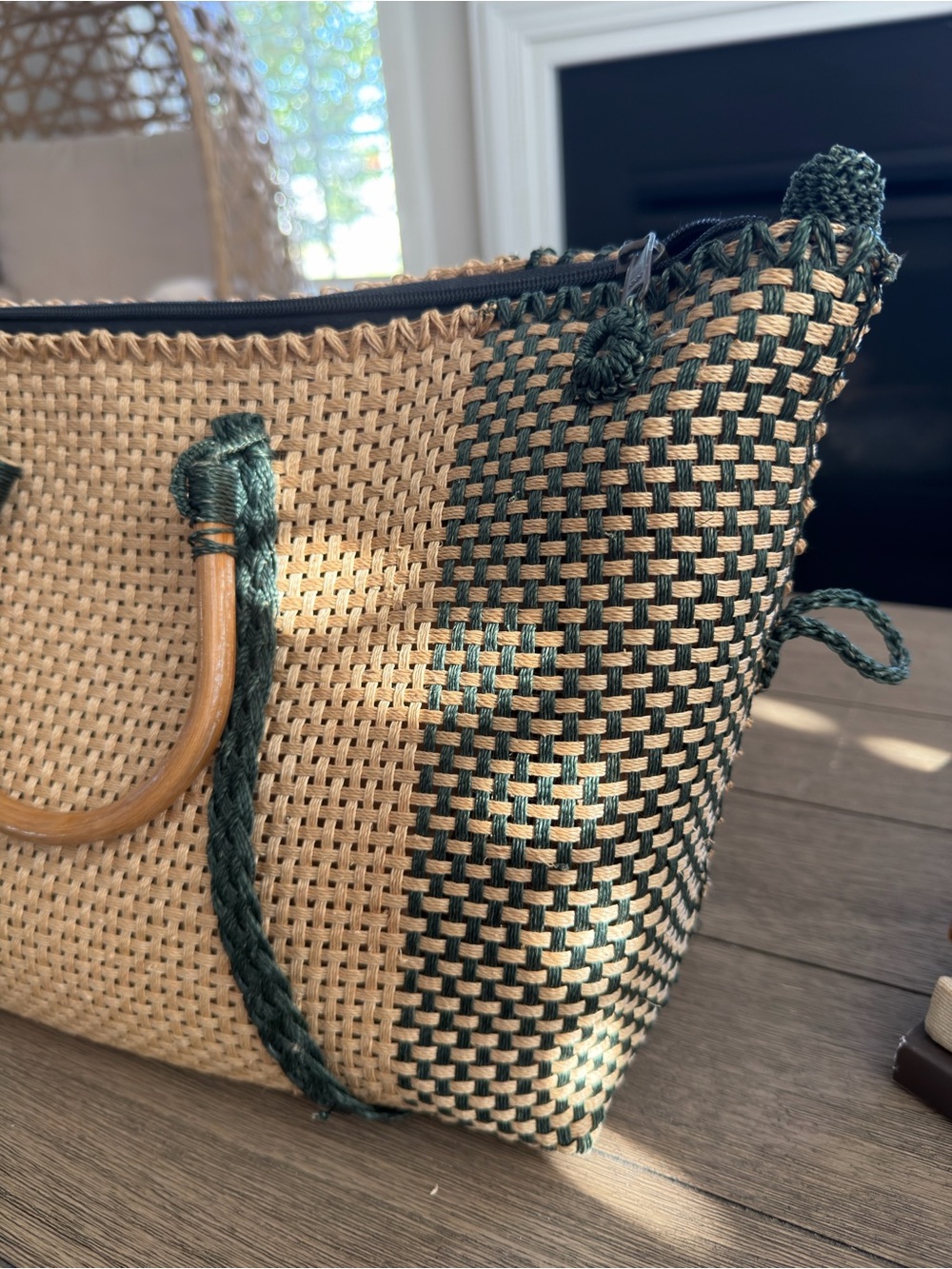 Woven Straw Tote Bag with Green Accents - Picture 2 of 6